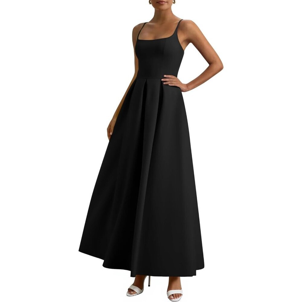 Women Black Elegant Ruffle A Line Long Flowy Summer Wedding Guest Maxi Dress
